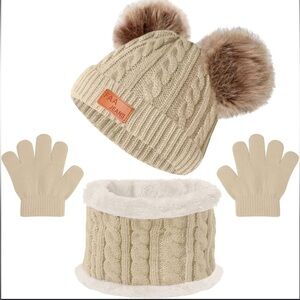 Beige NIP 3 Piece Winter Beanie Pom Pom Hat Neck Warmer Gloves Knit Fleece Lined